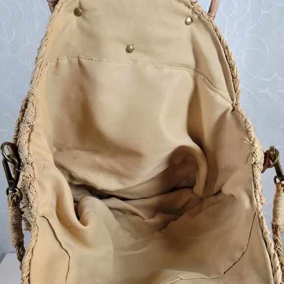 VINTAGE Woven Wooden Cinch Bag Brown Circle Handmade Rattan Summer‎ Beach Bag - Picture 8 of 14